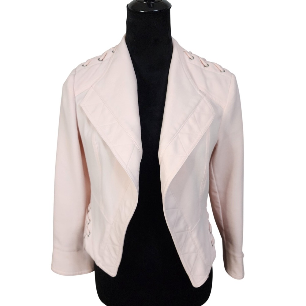 ROZ & ALI Size XS Soft Girl Pink‎ Open Front Moto Style Lace Detail Crop Jacket